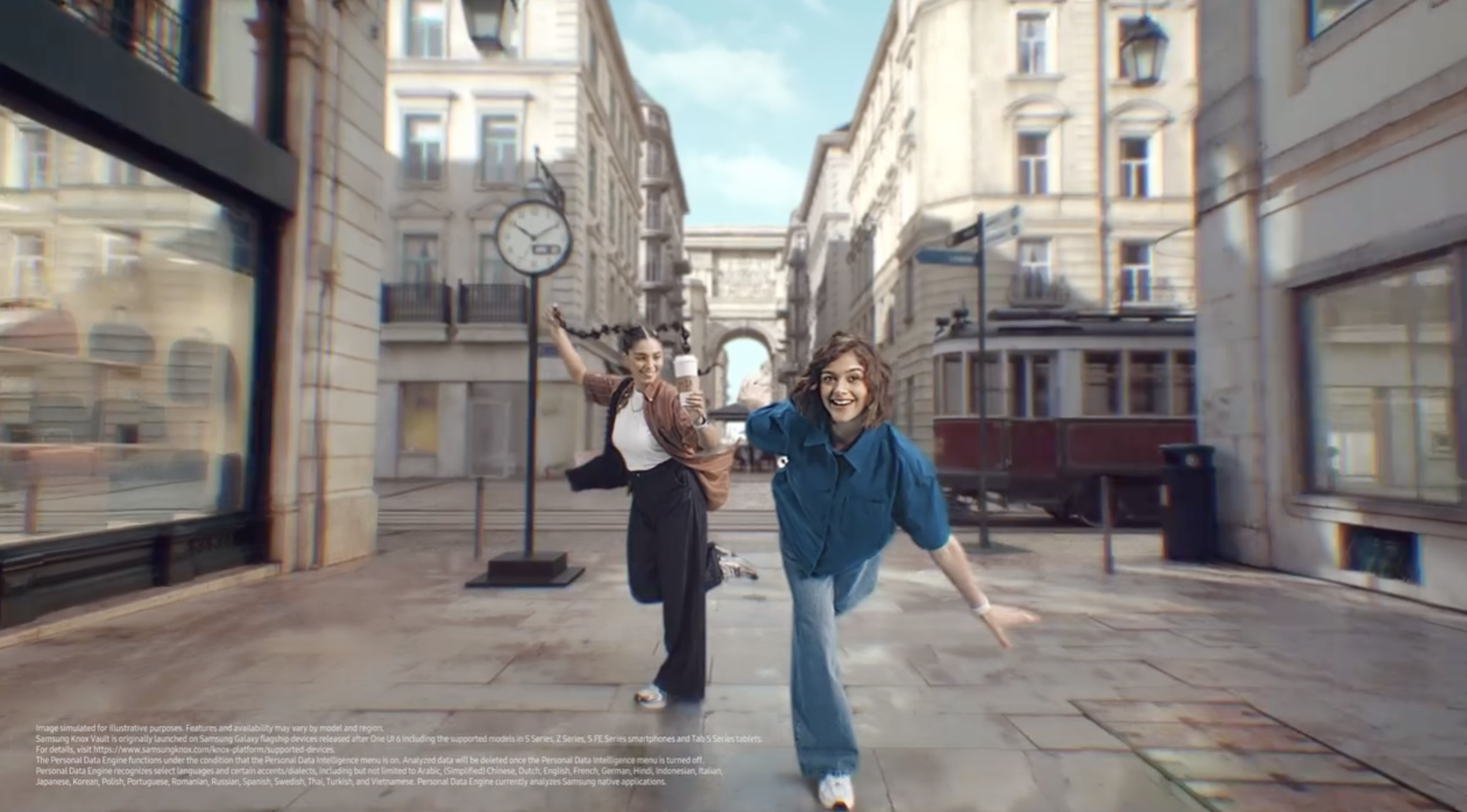 Two young women are joyfully running and dancing on a city street, with historic European-style buildings in the background. One woman holds a coffee cup, and both are smiling and appear energetic.
