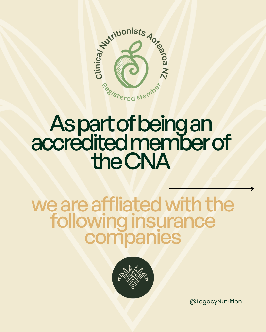 Certificate indicating the recipient is a clinical nutritionist associated with Aotearoa NZ and a member of the CNA, with a light beige background, an abstract leaf pattern, a green emblem with a leaf, and the words "we are affiliated with the following insurance companies"