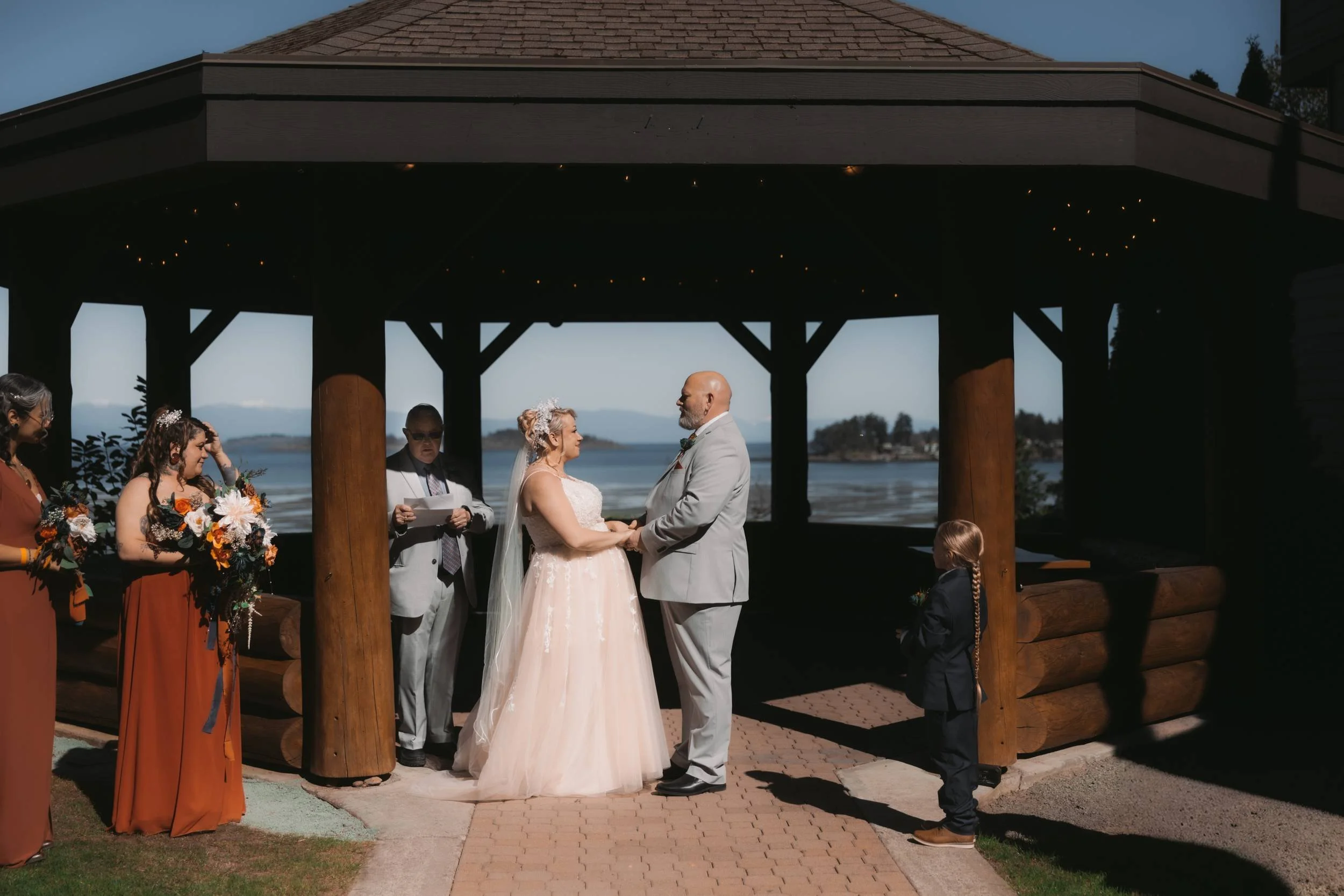 Oceanfront wedding ceremony at the Tigh-Na-Mara Seaside Gazebo in Parksville, BC