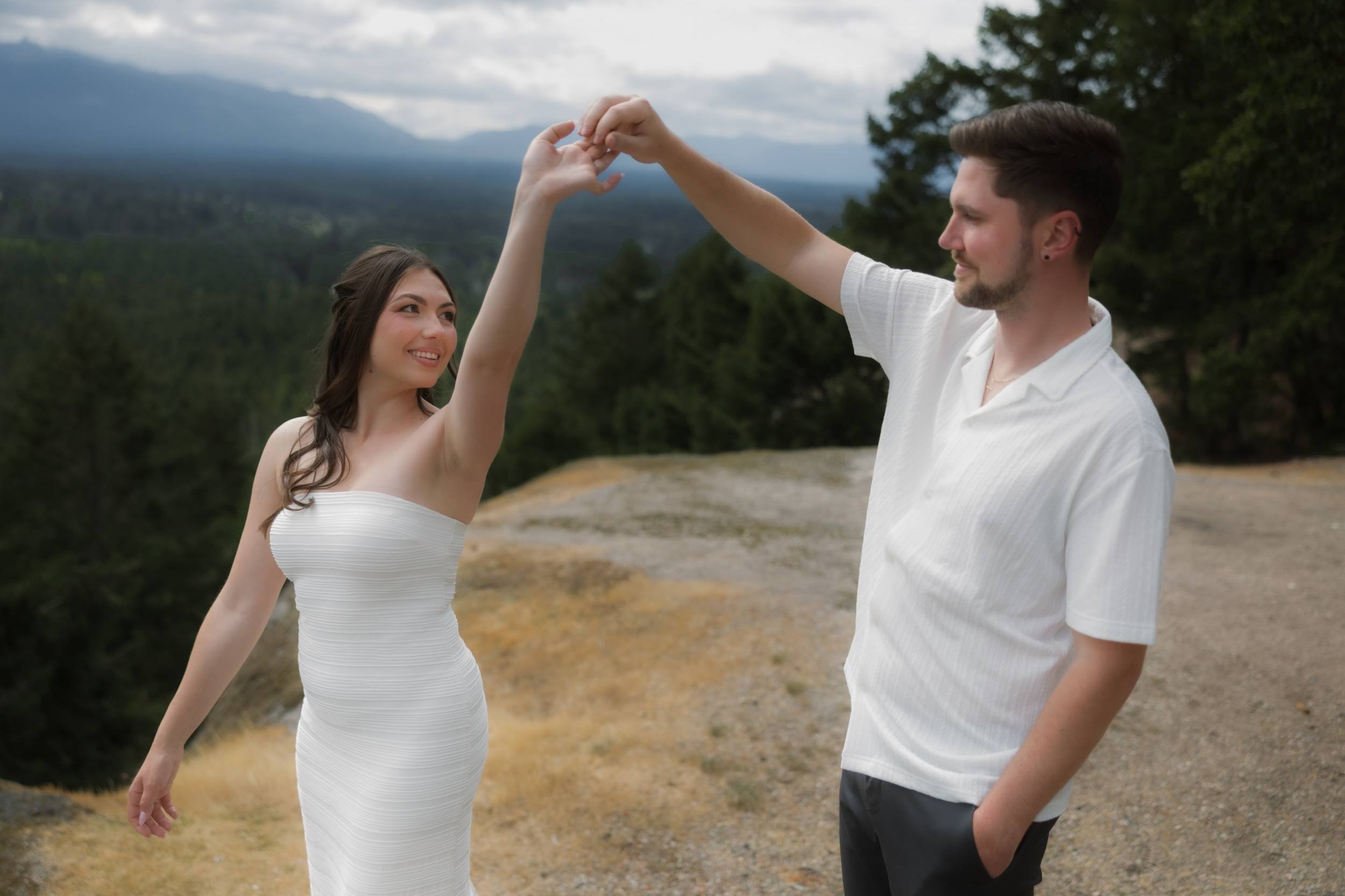 Couple walking together at Little Mountain during a Parksville engagement photography session