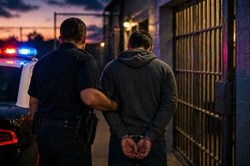 Police officer escorting handcuffed man toward jail entrance with patrol car lights in background