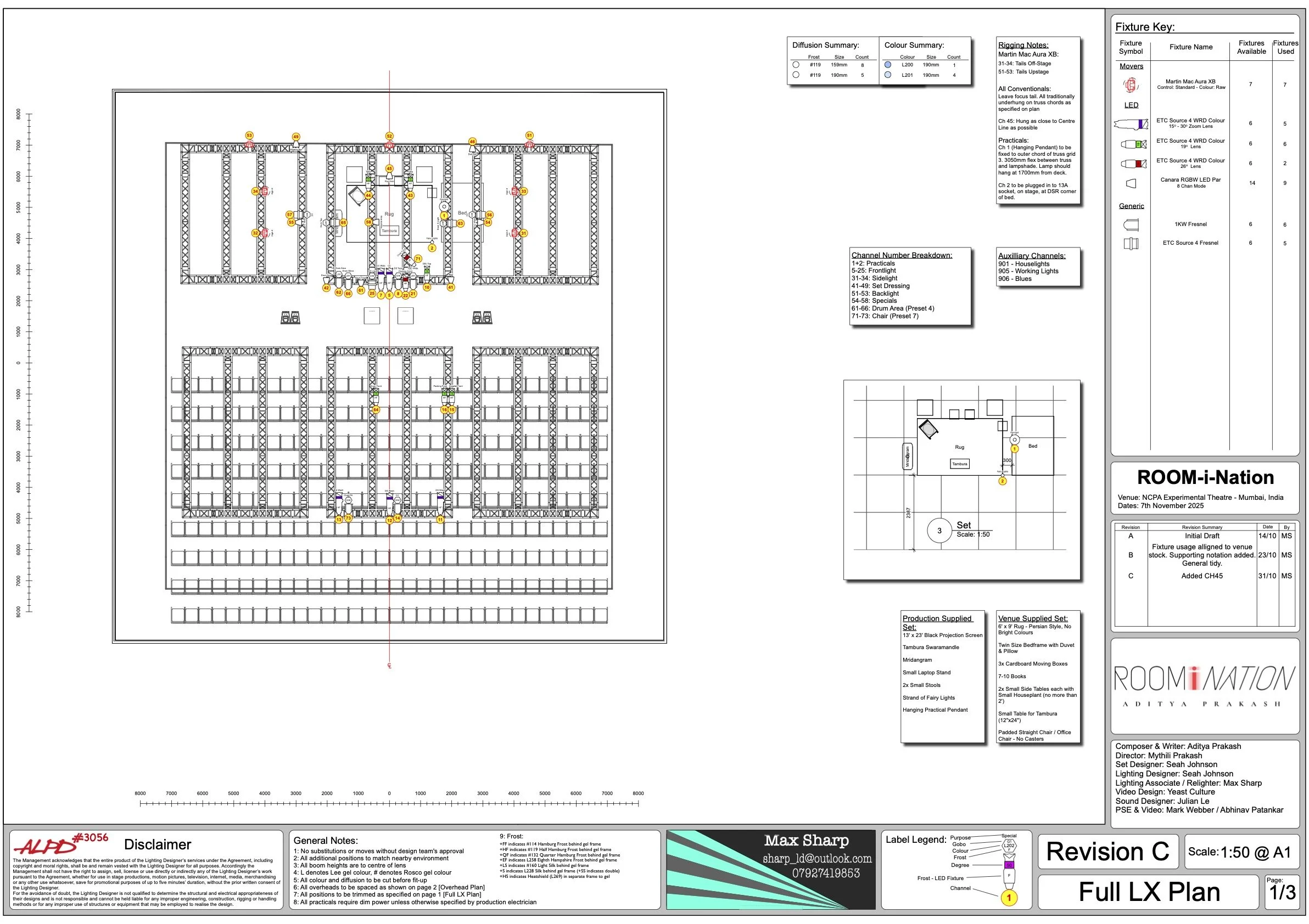 Lighting design plan for a theatre stage setup with detailed symbols, measurements, and notes.