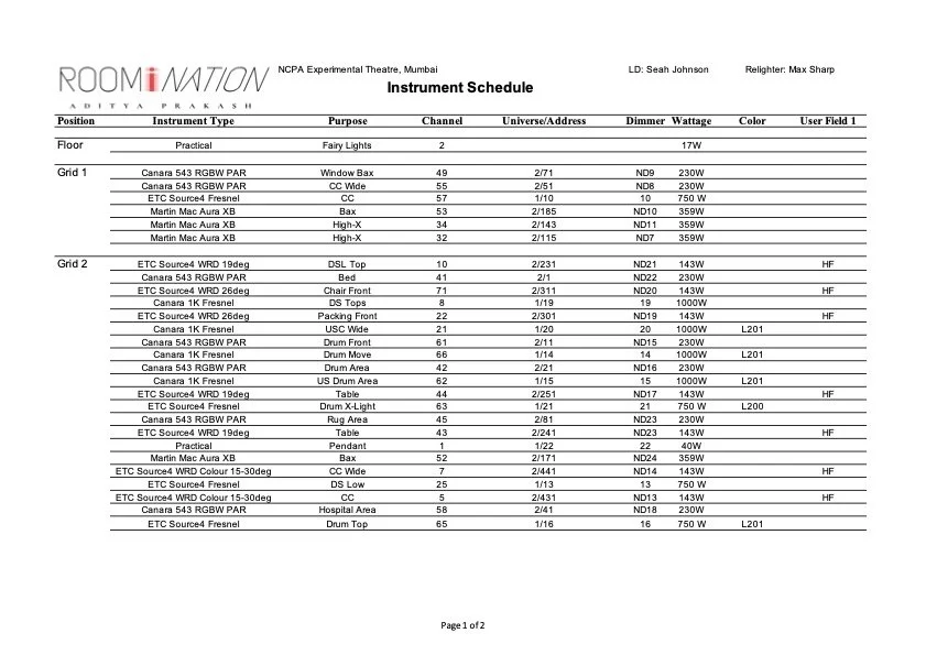 The image shows an instrument schedule table for a performance or event, detailing positions, instrument types, purposes, channels, universe addresses, dimmer wattage, colors, and user fields for different lighting instruments.