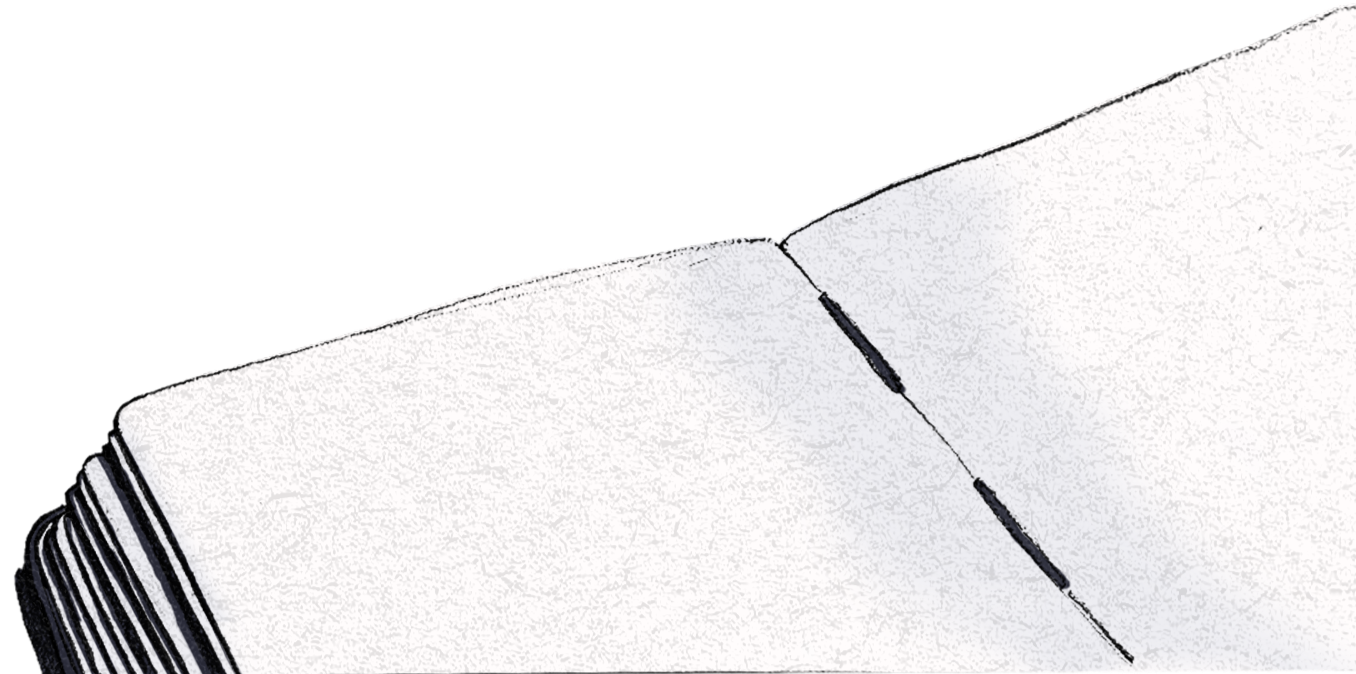 Open blank notebook with black binding on the left side, viewed from above.