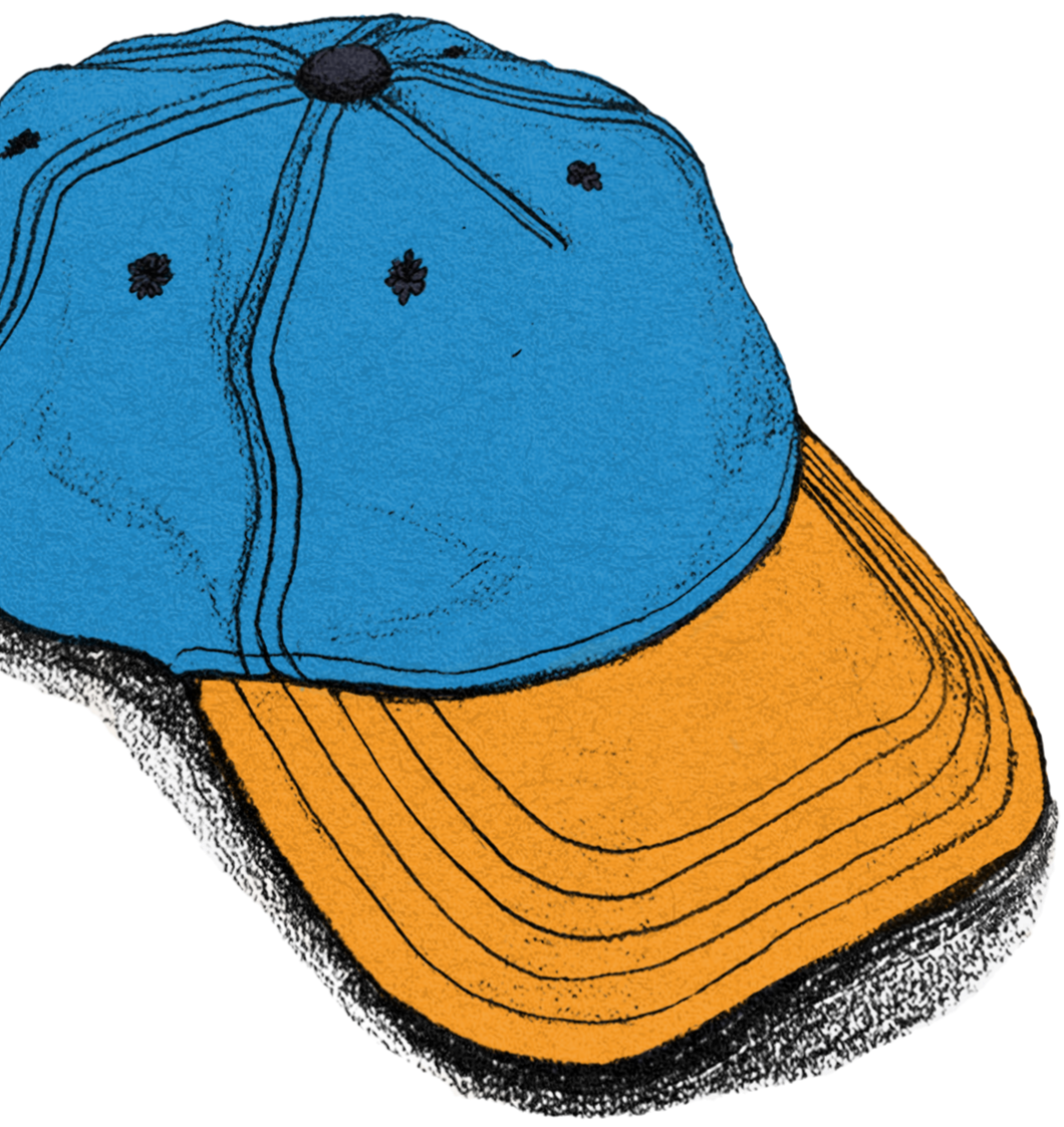 Colorful illustration of a baseball cap with a blue crown and orange brim.