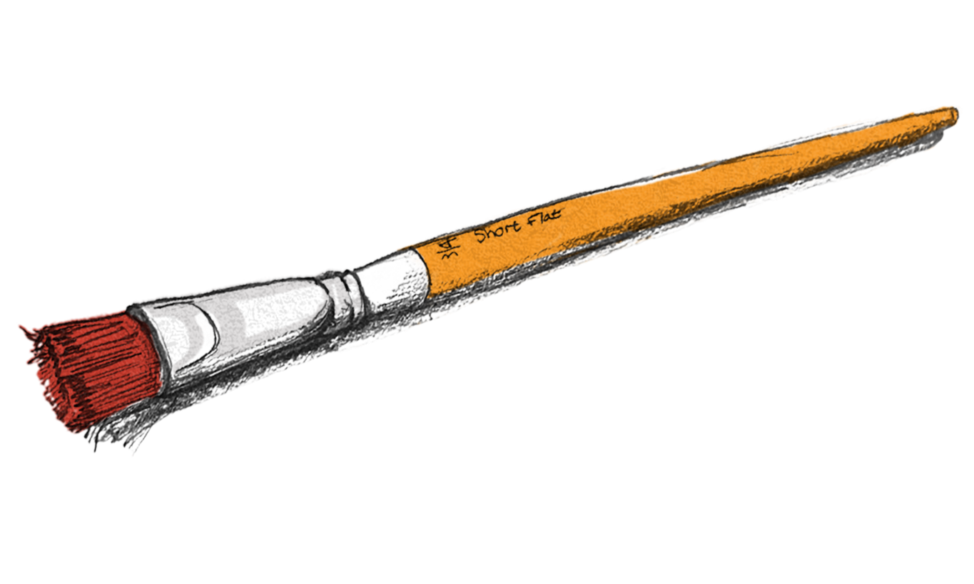 Hand-drawn paintbrush with a red bristle section, a metal ferrule, an orange wooden handle labeled 'Short Flat,' and orange bristles.