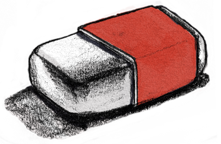 A red and white eraser with a black outline, lying on a surface.