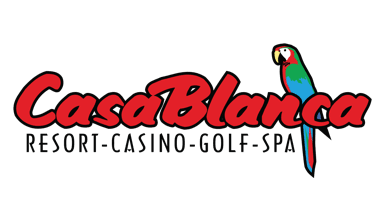 Logo for Casa Blanca Resort Casino Golf Spa featuring red text and a colorful parrot.