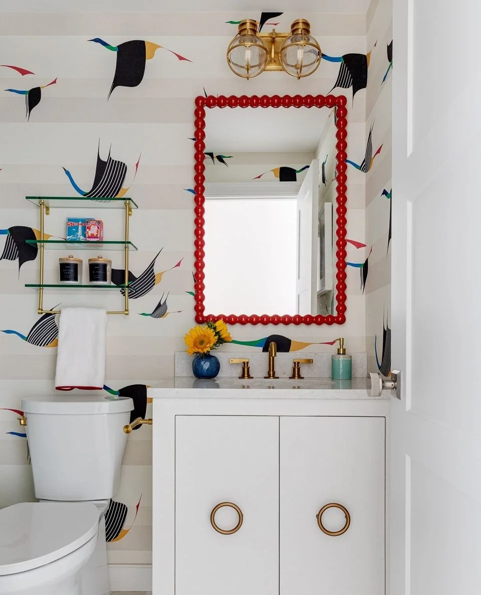 Small spaces can be some of the best places to push an idea a little further. In this guest bath, we wanted to create a moment that felt unexpected and full of personality, while still belonging to the larger color story of the home.⁠
⁠
Throughout th