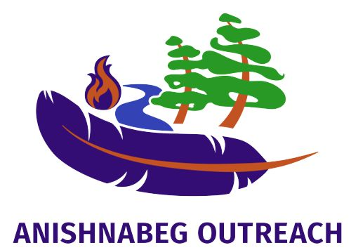 A stylized graphic of a purple feather with a flame, a river, and two green pine trees, with the text 'Anishnabe Outreach' below.
