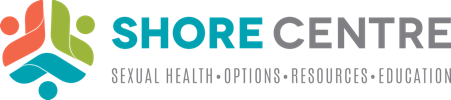 Shore Centre logo with abstract wave and person symbols, and text reading 'SHORE CENTRE' and 'Sexual Health Options Resources Education'.