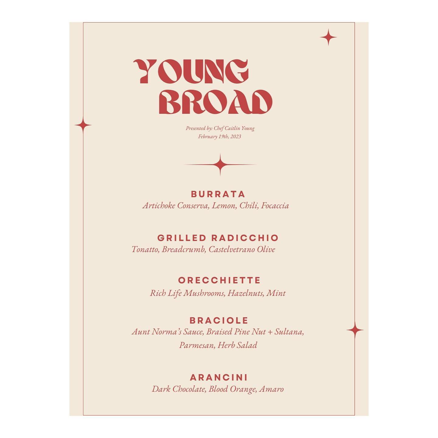 Here it is, famiglia - This Sunday&rsquo;s Young Broad menu! 

Made with love and smothered in red sauce, come hungry and let me treat you like family. The menu may read fancy, but this is what it really means &hellip; 

-Homemade Cheese
-Homemade Br