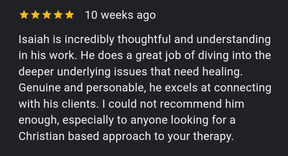 A five-star review for Isaiah Morehead Counseling, praising his understanding and connection with clients, signed by the owner, Isaiah, with a message of thanks for the review.
