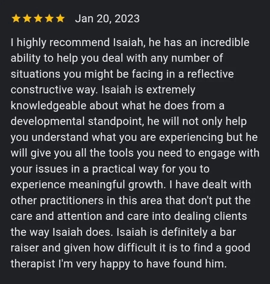 A review or testimonial with five star rating, dated January 20, 2023, praising Isaiah for his ability to help with personal development, understanding, and growth, especially in dealing with clients.