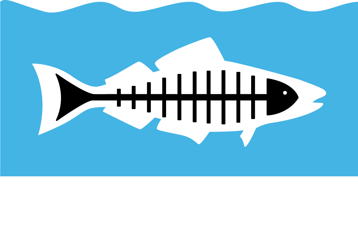 A stylized fish skeleton and a fish inside a white silhouette, set against a blue background.