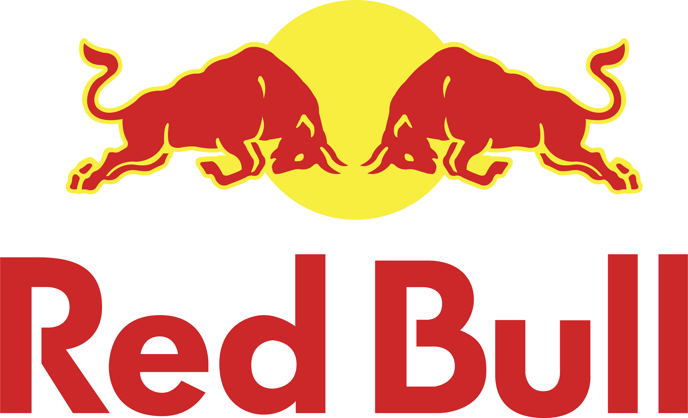 Red Bull logo featuring two red bulls facing each other with a yellow sun in the background, and the words 'Red Bull' in red text below.