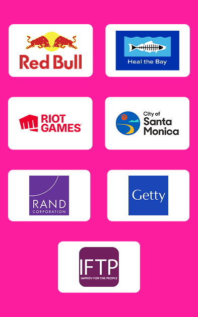 A screen displaying eight logos of various organizations against a pink background, including Red Bull, Heal the Bay, Riot Games, City of Santa Monica, RAND Corporation, Getty, and ITP.