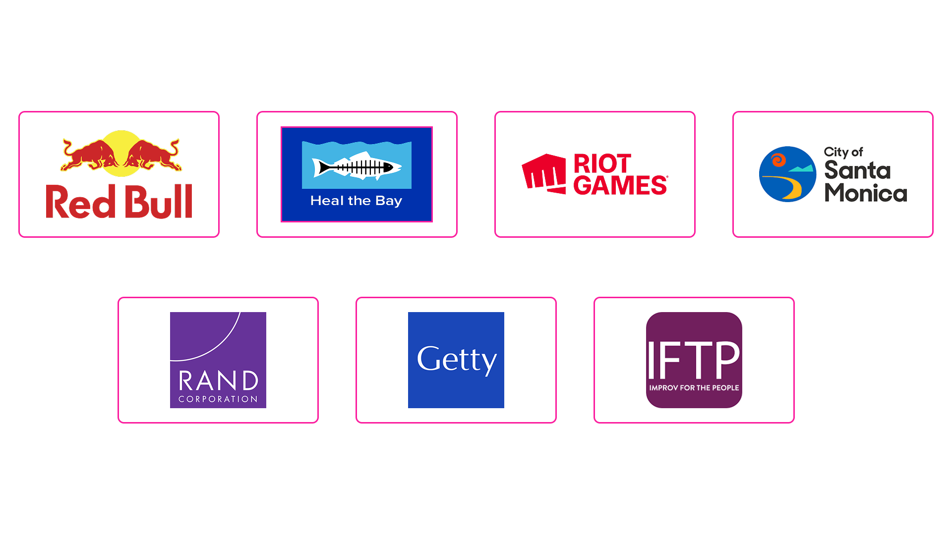 Logos of various organizations, including Red Bull, Heal the Bay, Riot Games, City of Santa Monica, RAND Corporation, Getty, and IFTP, arranged in two rows with pink and black backgrounds.