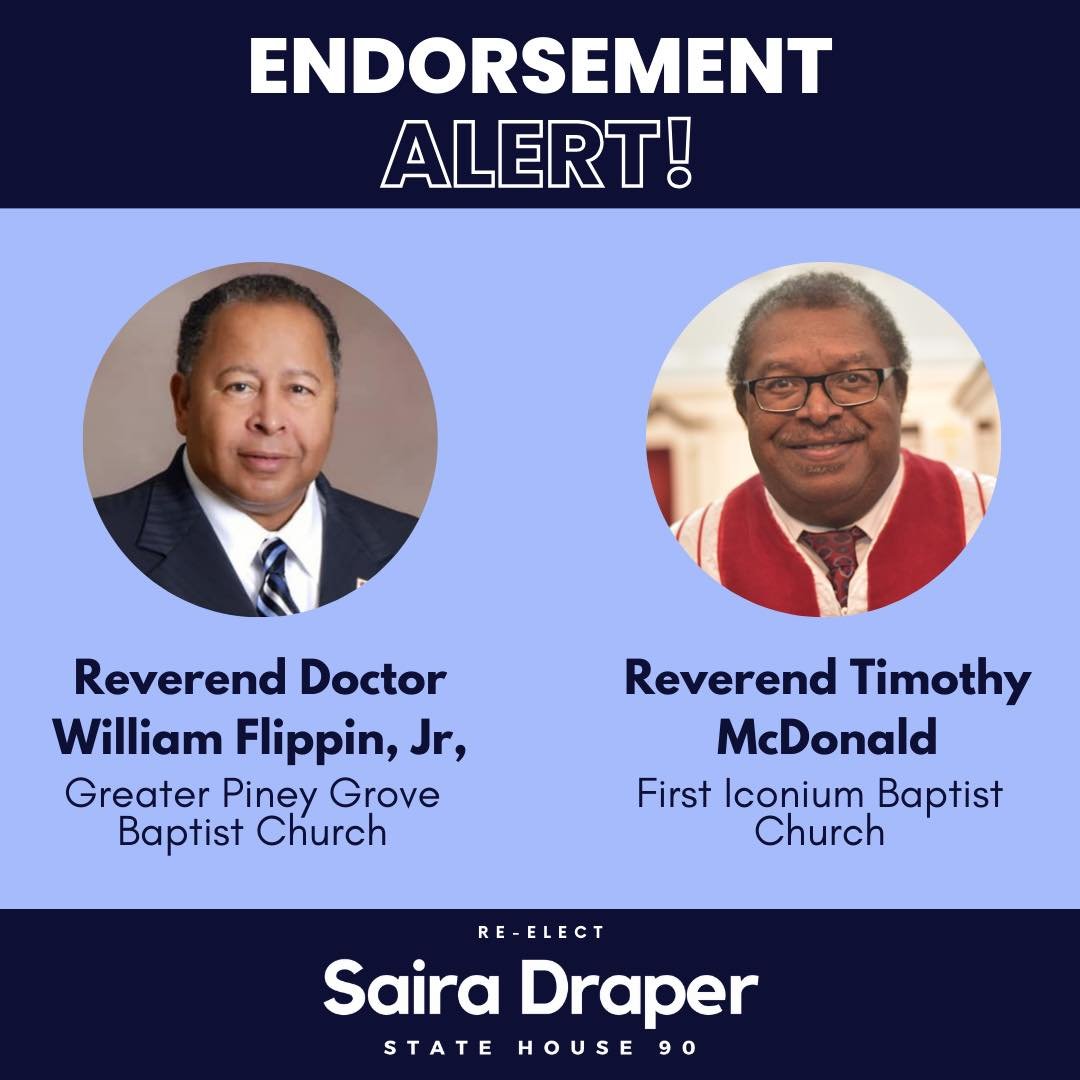 I&rsquo;m especially proud to have the endorsement of two moral and community leaders in HD 90, Pastor William Flippin of Greater Piney Grove Baptist Church and Reverend Timothy McDonald of First Iconium Baptist Church. It&rsquo;s been a privilege to