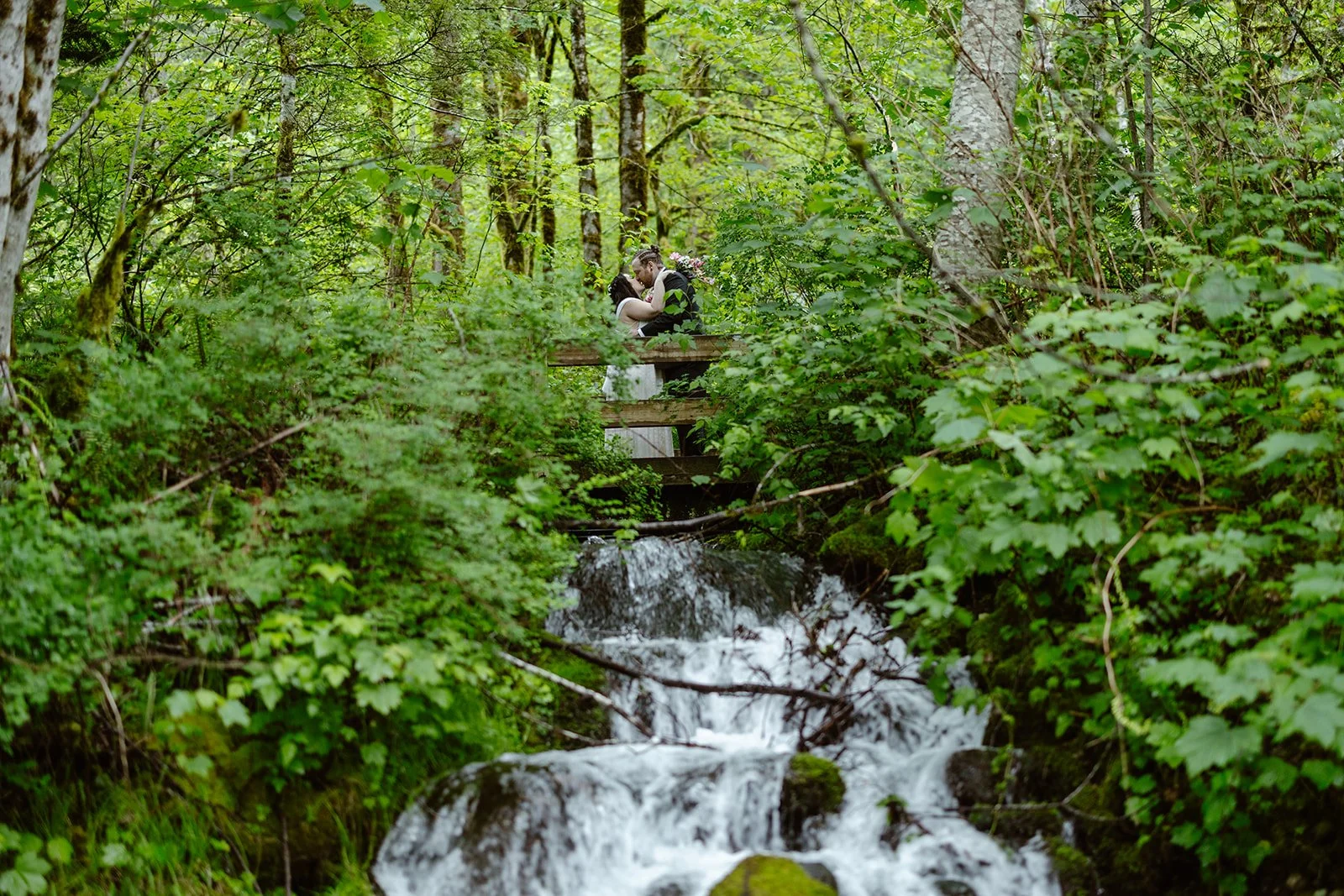 elopement couple kissing by a creek at north bend