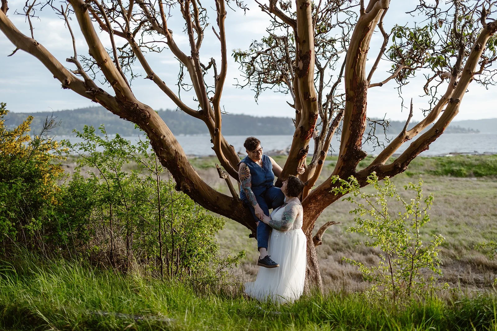 washington couple smiling under a magnolia tree during their wedding portraits