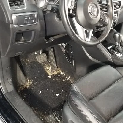 Dirty car interior floor mat with dirt and debris under the dashboard near the driver's seat.