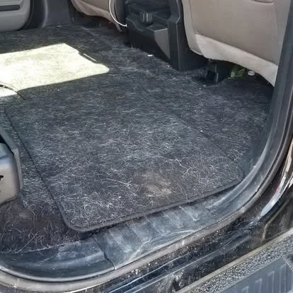The back seat area of a vehicle with a black, dirty floor mat and dust on the floor.