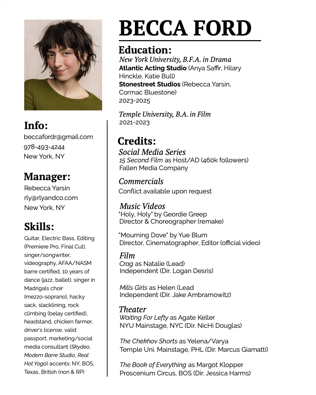 Resume of Becca Ford, featuring a headshot of a young woman with short brown hair, green shirt, and a slight smile, alongside her education, contact info, skills, and experience in film, theater, music videos, commercials, and social media.