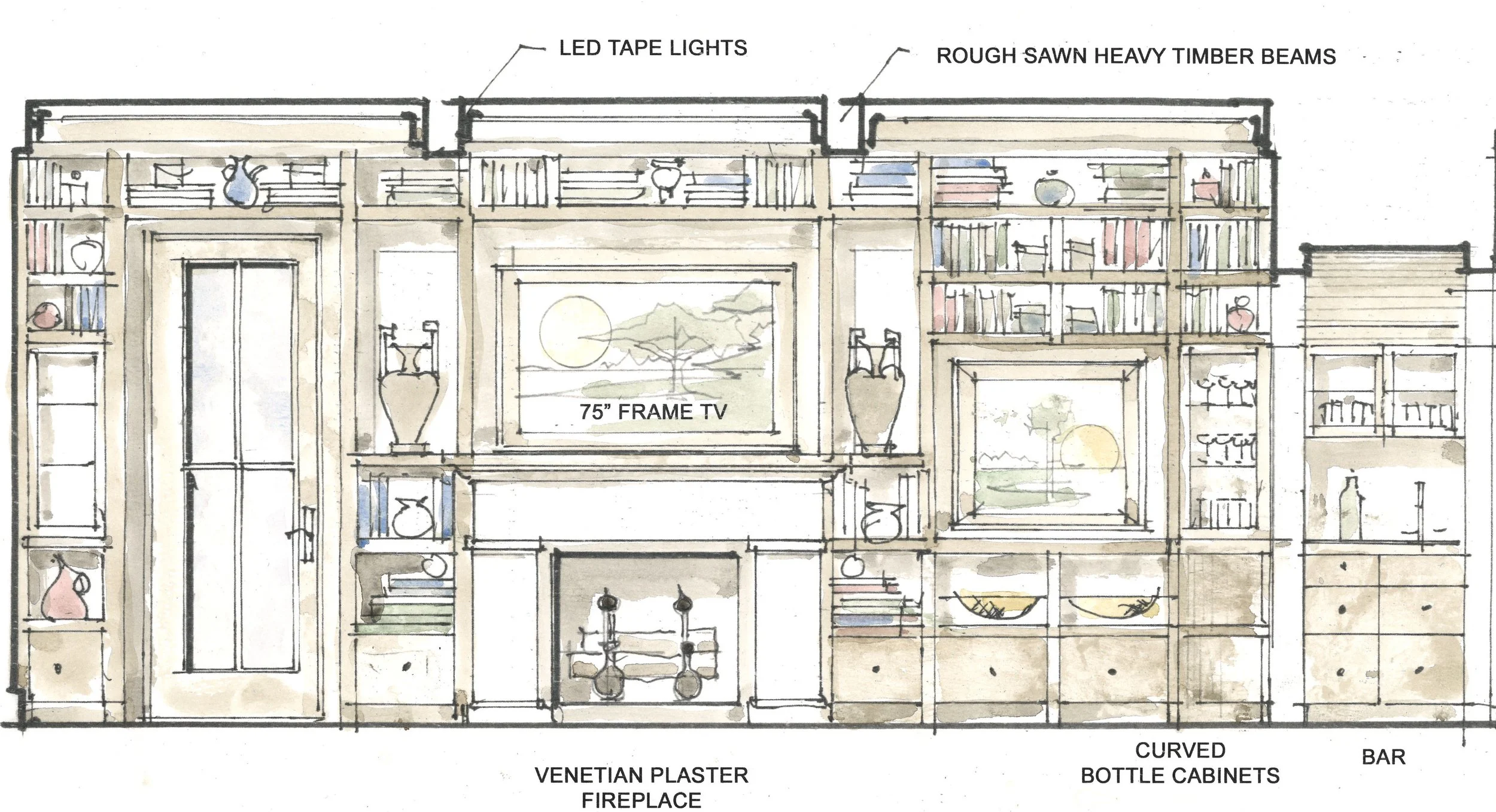 Fireplace wall, interior elevation watercolor