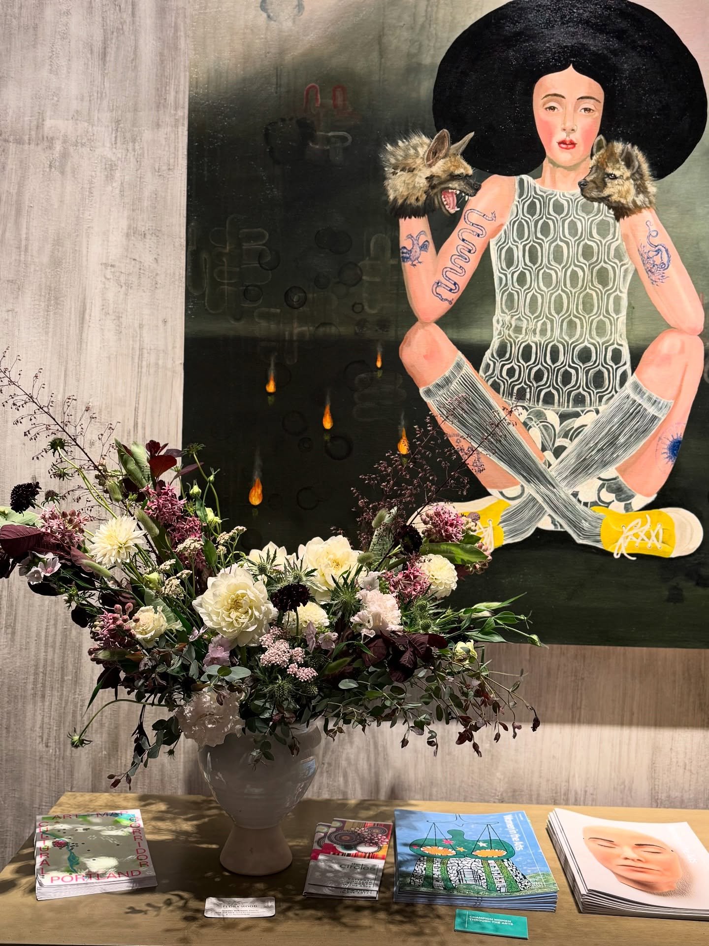 Flowers for NMWA @womeninthearts Oregon meeting tonight with @anne_siems_art painting for the backdrop, so stunning and appropriate! Milkweed was the first flower I chose for this arrangement and paired with smoke bush, eucalyptus, dahlias, scabiosa,