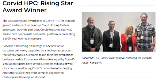 Statement from Ansys on Corvid HPC winning the Rising Star Award for 2025