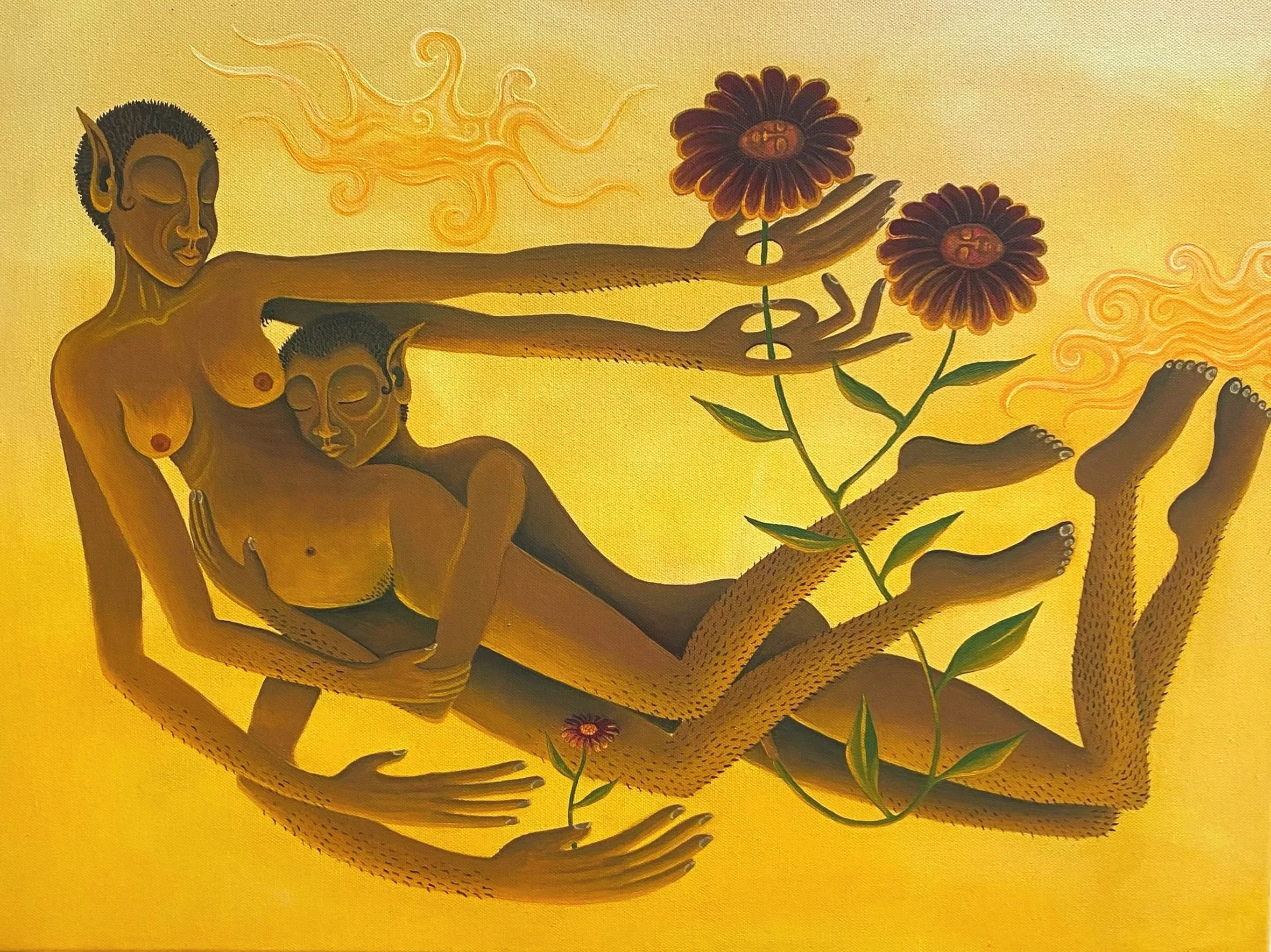 A colorful painting of a stylized woman with dark skin and short hair, holding a flower, with a yellow background and swirling flames or clouds around her head.