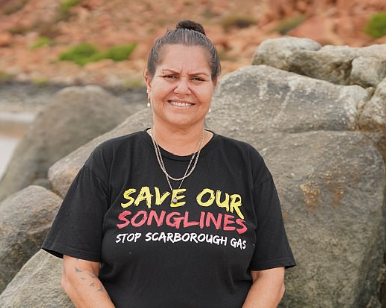 Raelene Cooper is  a Mardathoonera woman, fighting to protect sacred Murujuga rock art sites from destruction by greedy gas giants.
"My people have been connected to Murujuga and its offshore islands and seas for many, many generations. This is my st