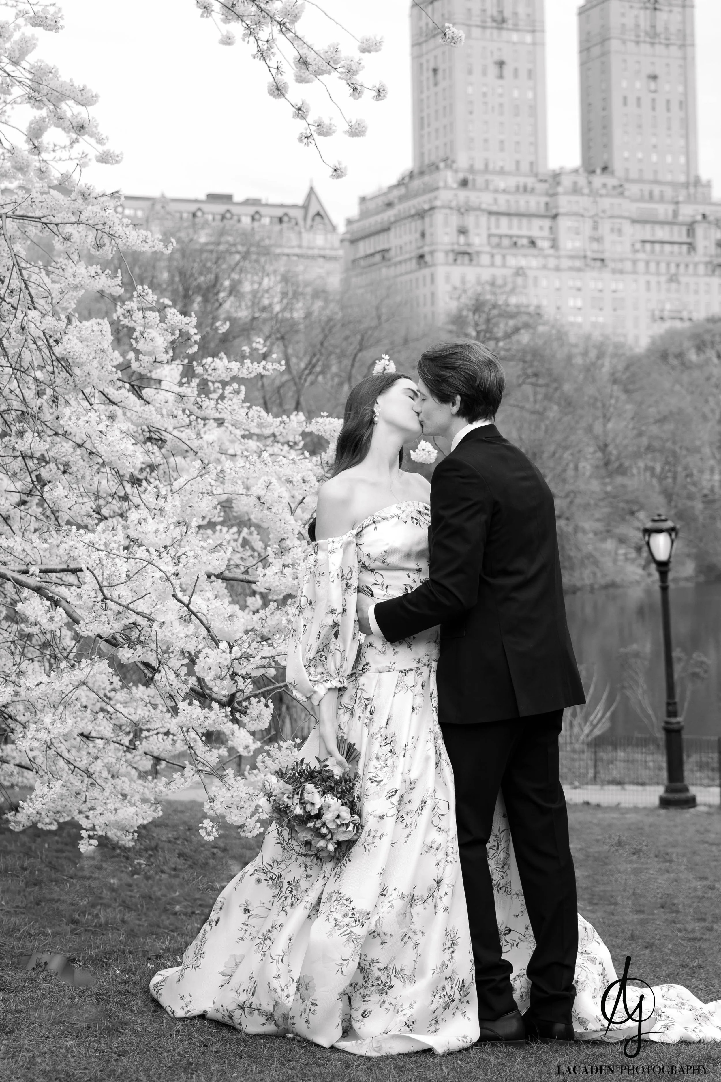 Romantic cherry blossom couple portrait in Central Park Lacaden Photography