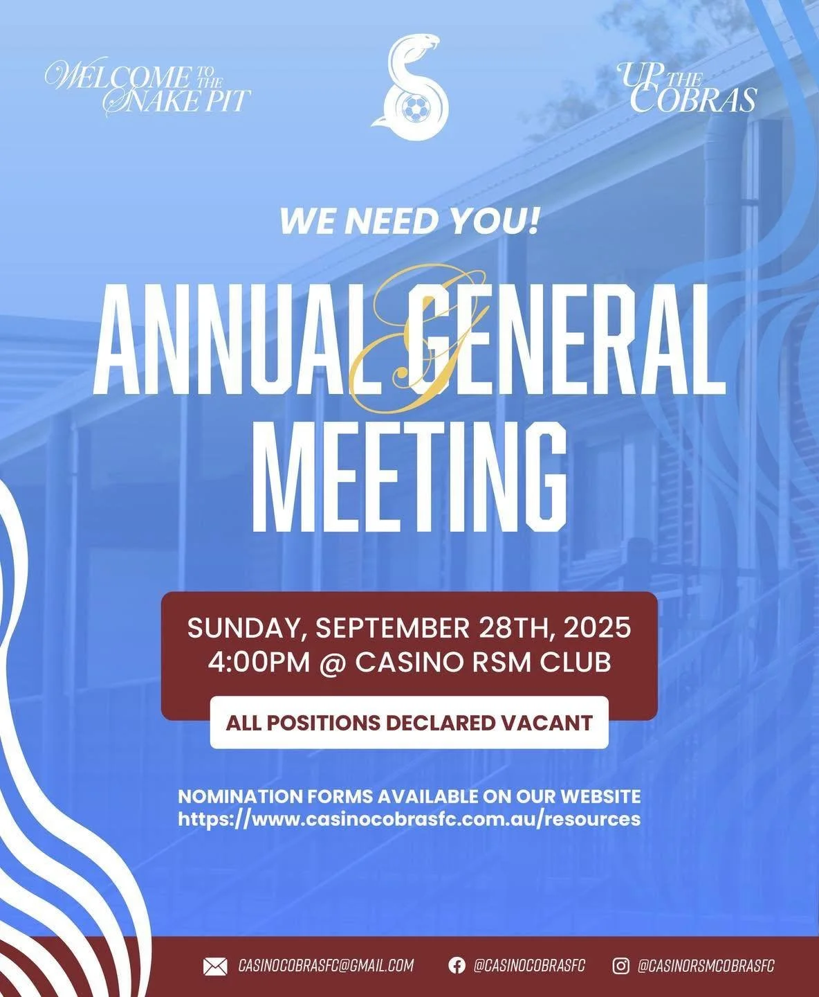 REMINDER: CASINO RSM COBRAS FC 2026 AGM ⚽🐍
We warmly invite all members, new and old, to our Annual General Meeting (AGM) as we look ahead to the 2026 season and beyond. This is a fantastic opportunity for anyone passionate about our club to get in