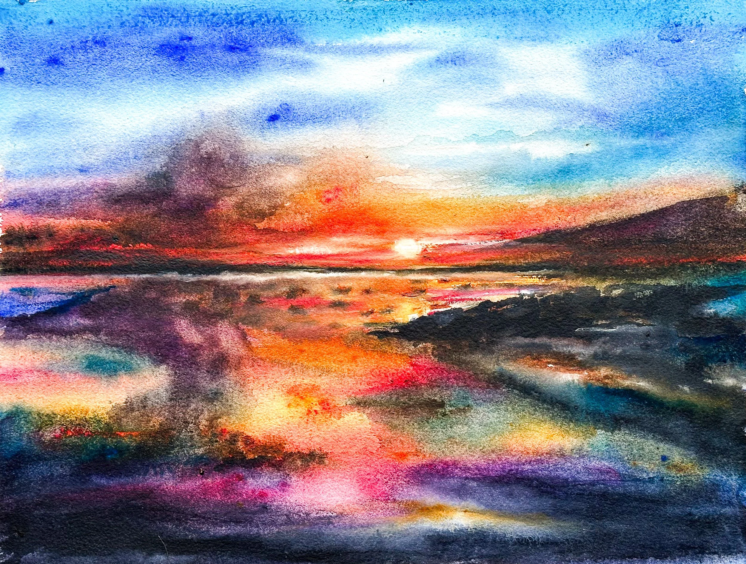 Colorful watercolor painting of a sunset over a body of water with mountains in the distance and clouds in the sky.