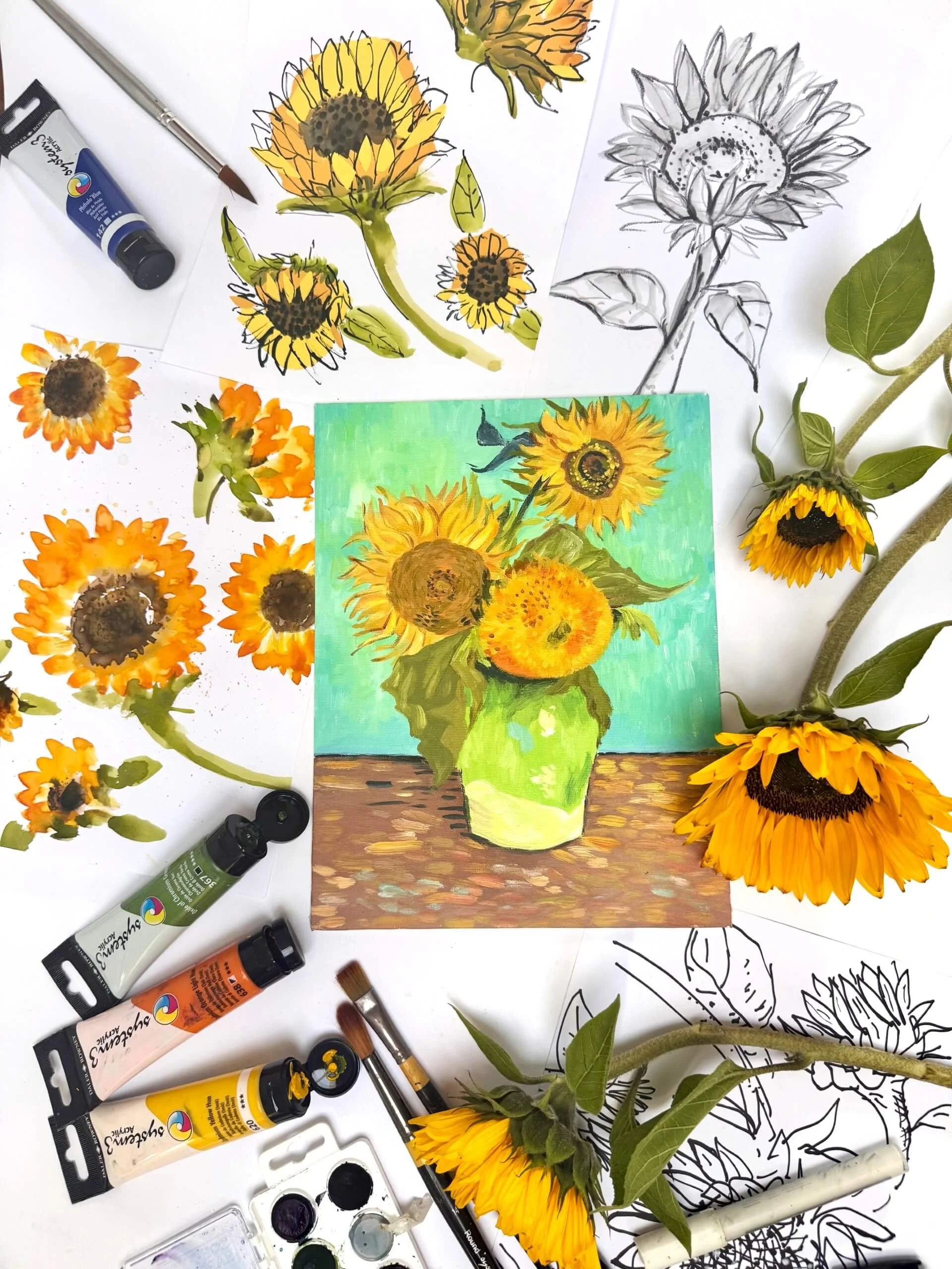Sunflowers: From Playful Sketches to a Vibrant Van Gogh–Inspired Painting