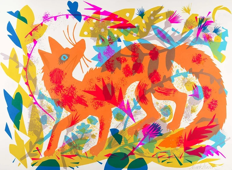 A vivid orange fox screenprint by Mark Hearld, surrounded by colourful stylised leaves, flowers and butterflies.