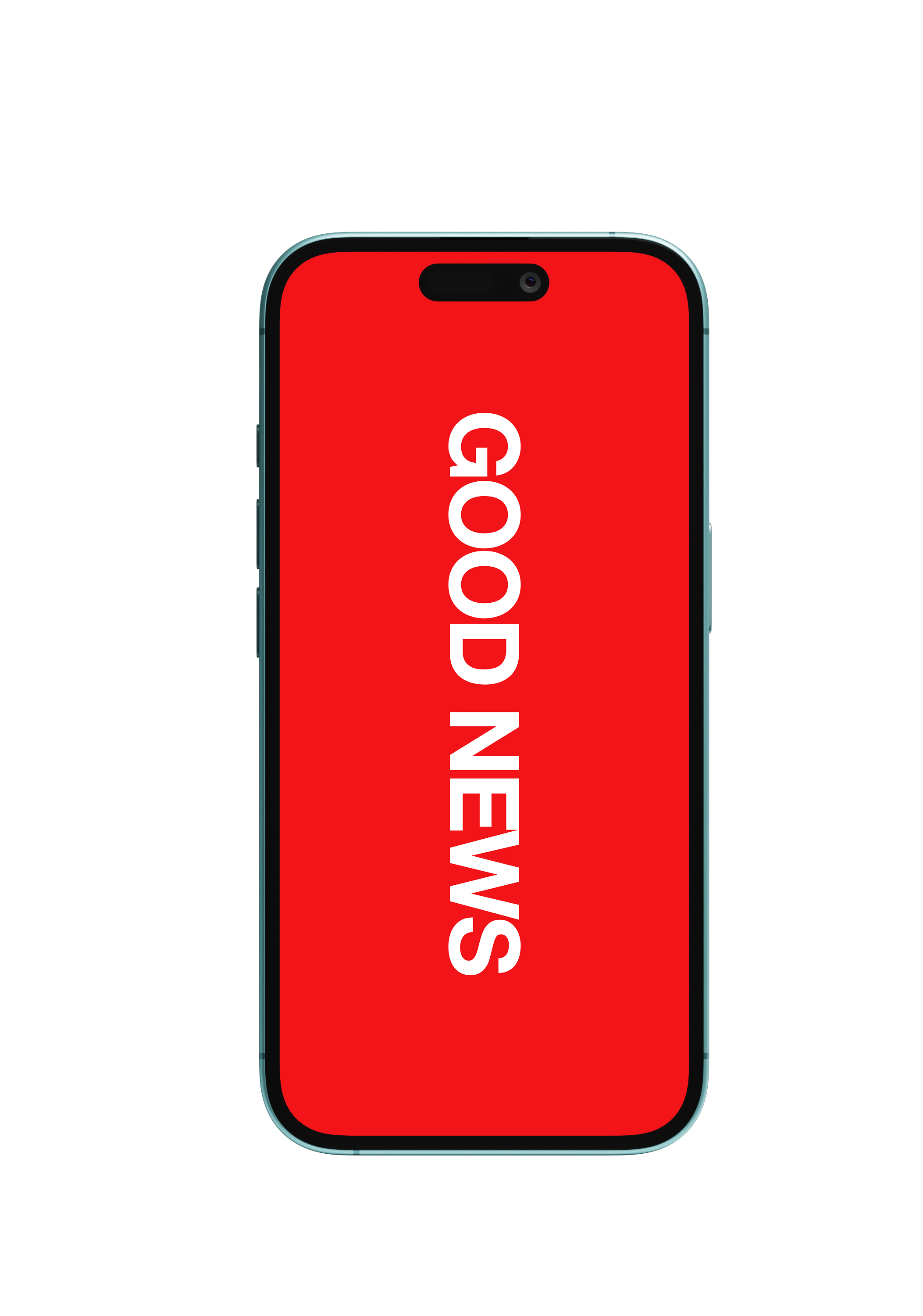Smartphone with a red screen displaying the text 'GOOD NEWS' in white, on a dark background.