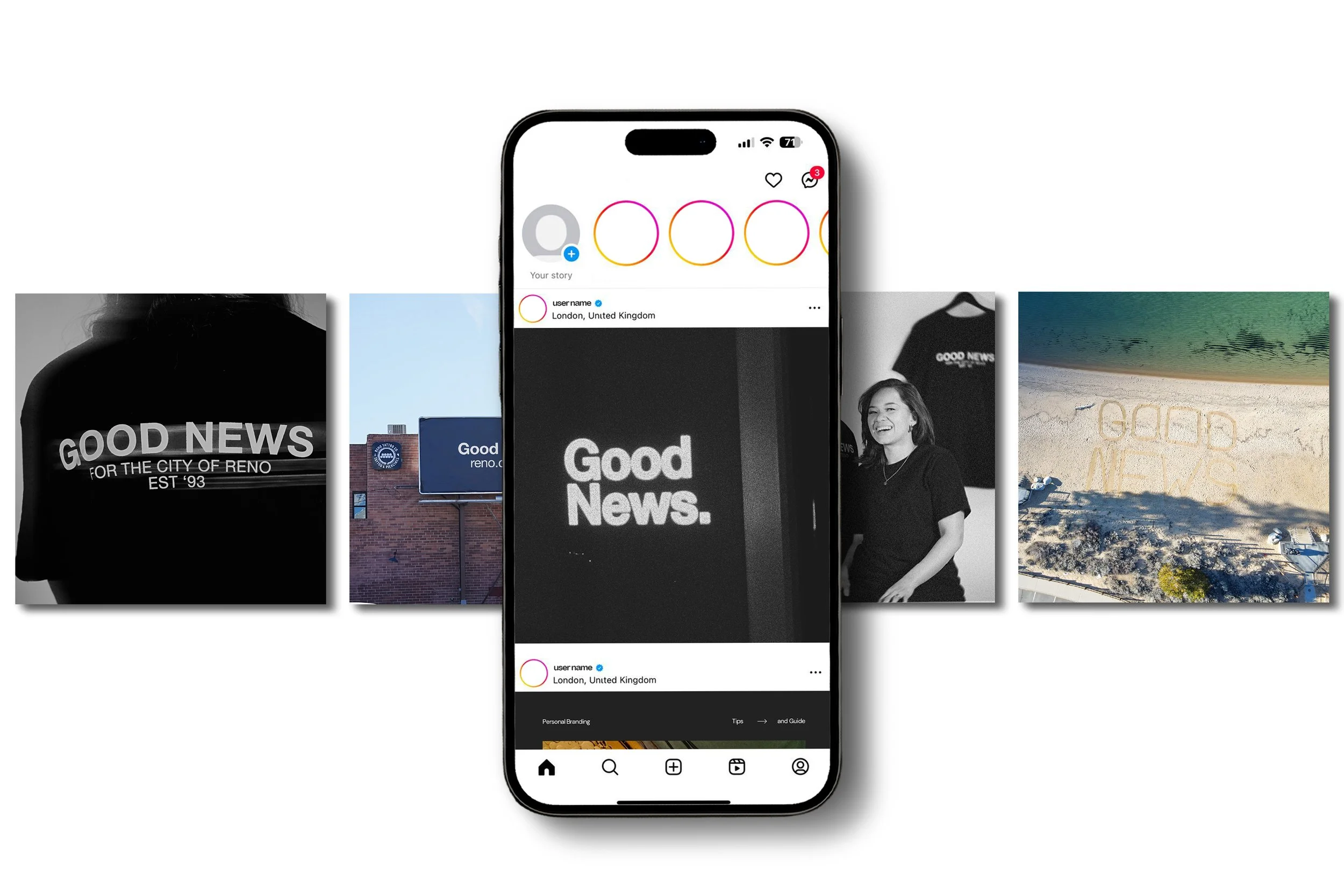 Smartphone displaying an Instagram profile with the text "Good News." surrounded by photos including a person wearing a shirt with the same text, a cityscape, a beach scene, and a woman smiling.