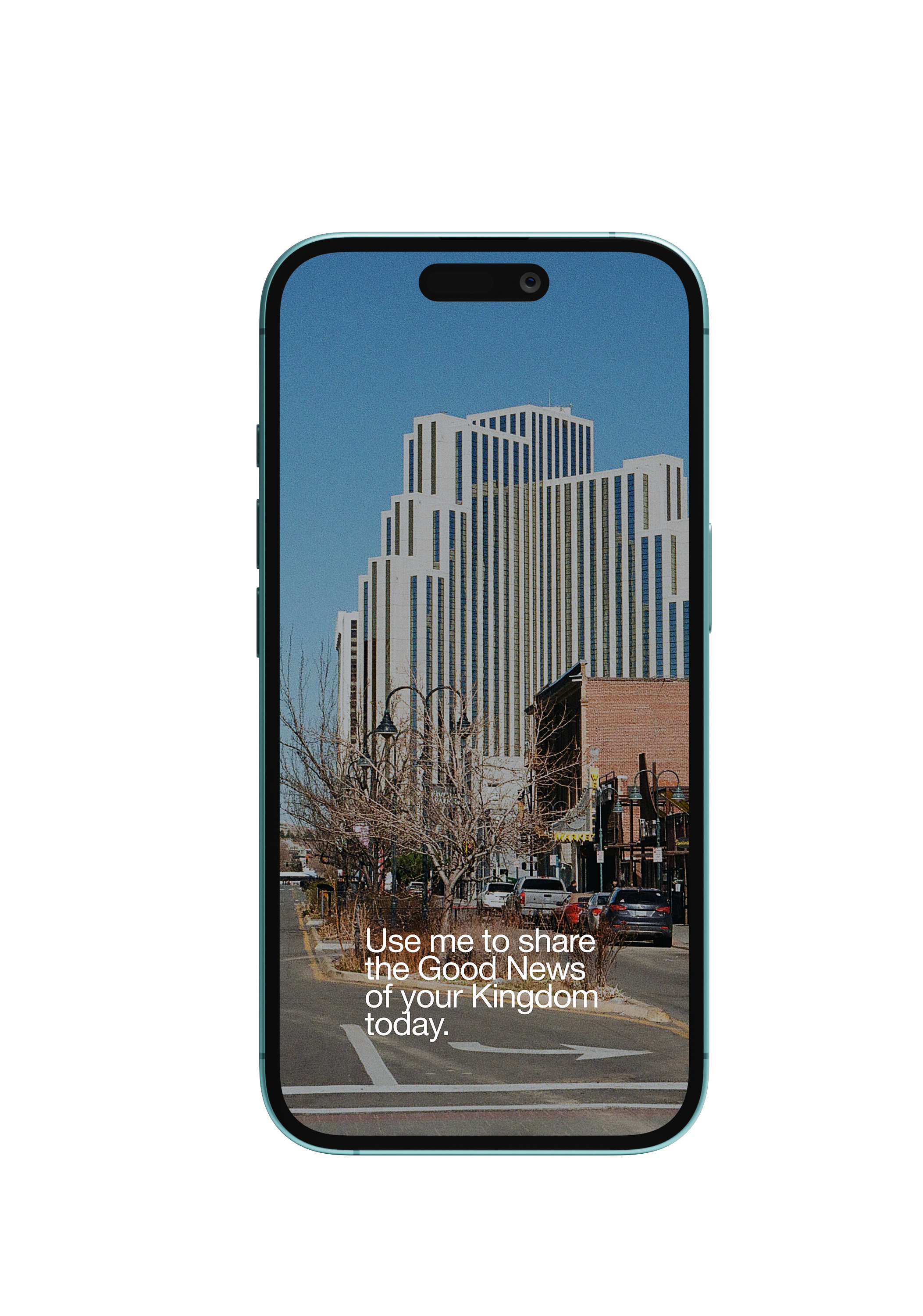 Smartphone with a cityscape on the screen, showing a modern high-rise building with vertical stripes, trees, parked cars, and pedestrians on the street.
