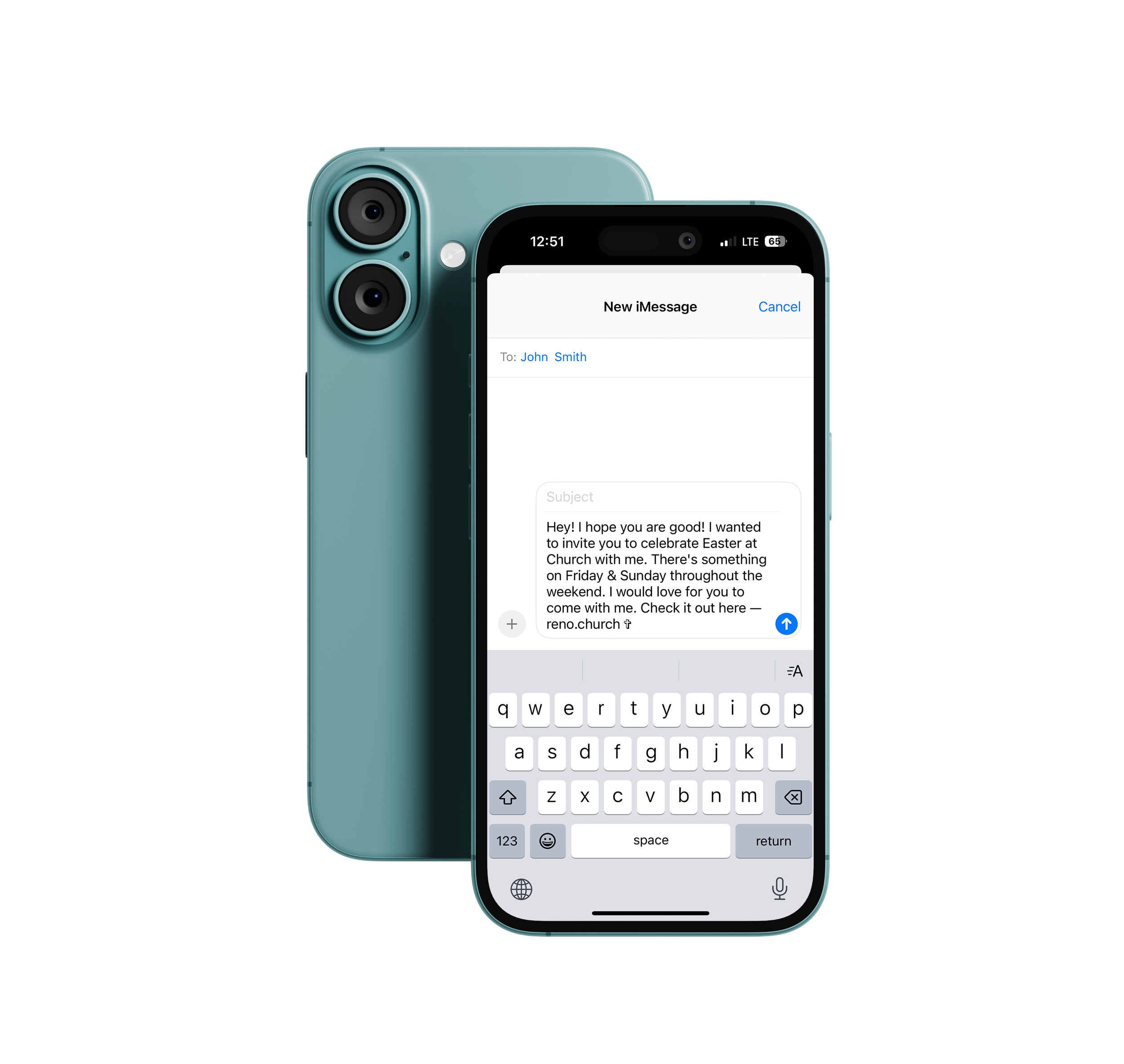 A teal Apple iPhone showing a new message to John Smith inviting him to celebrate Easter at church, with details about events on Friday and Sunday.