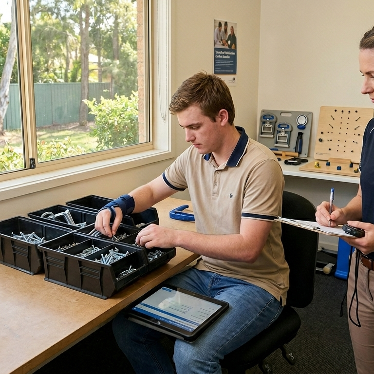 A young man with a beige shirt and jeans sitting at a desk organizing screws and fasteners from small black storage bins, with a woman standing beside him taking notes.