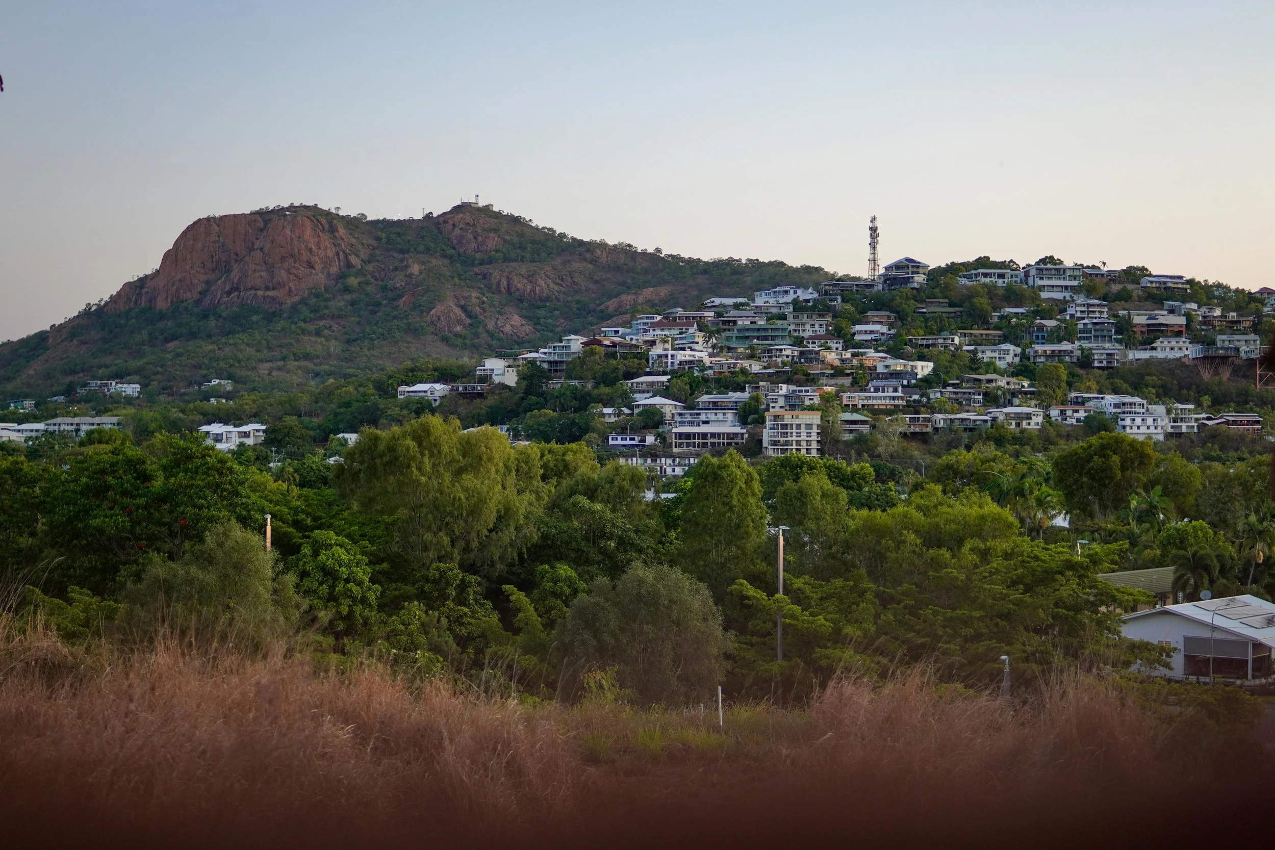 A hilly landscape with a large residential area and many modern houses on the hillside, green trees at the base, and a mountain with rocky peaks in the background.