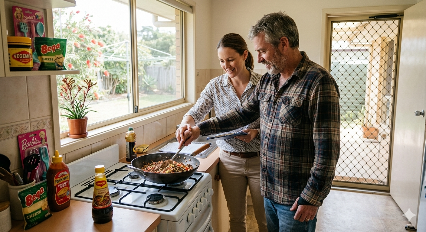 A woman and a man cooking together in a kitchen, stirring a frying pan on the stove, smiling and enjoying the moment.