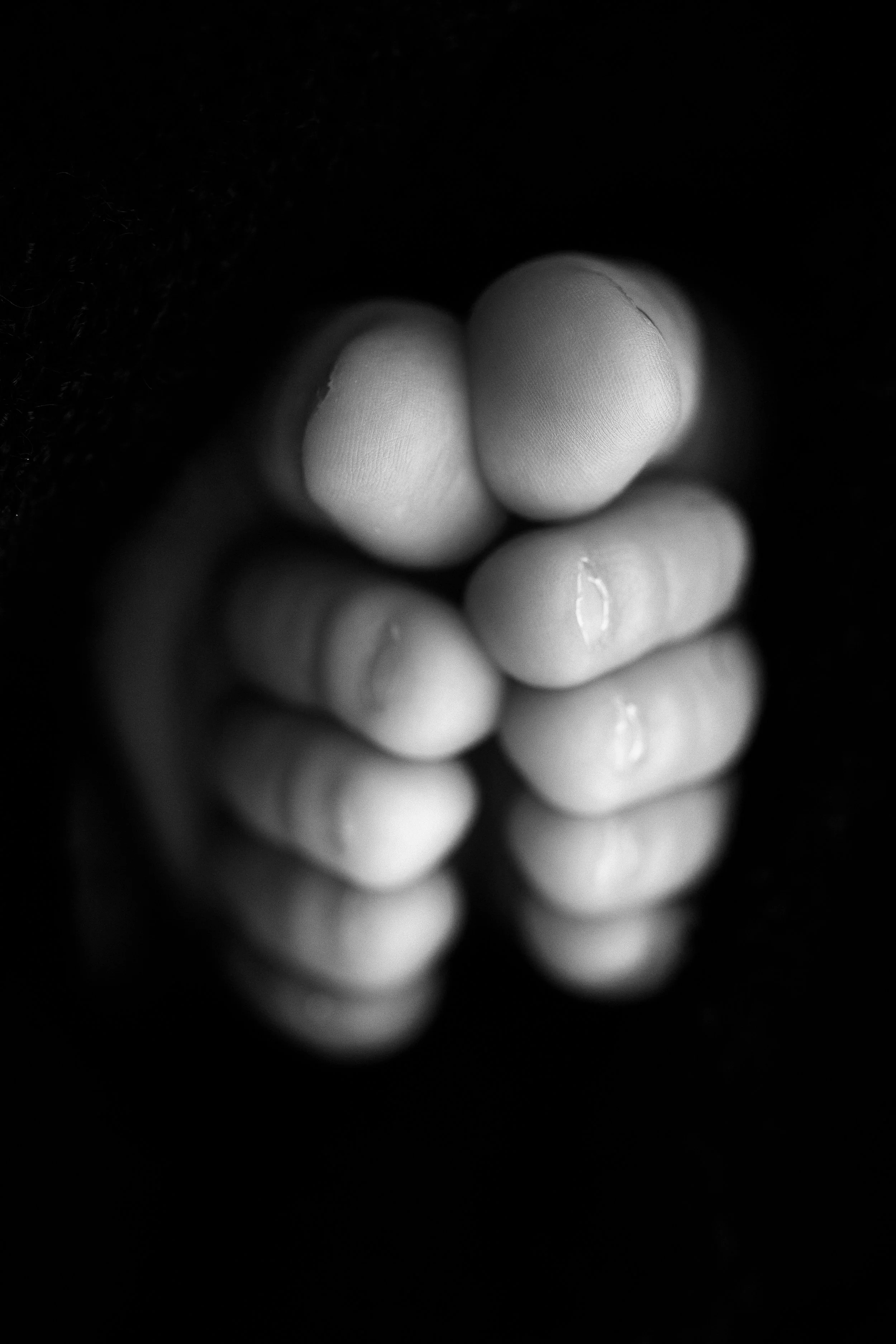 Black and white close up of a newborn’s tiny feet held gently in an adult hand.