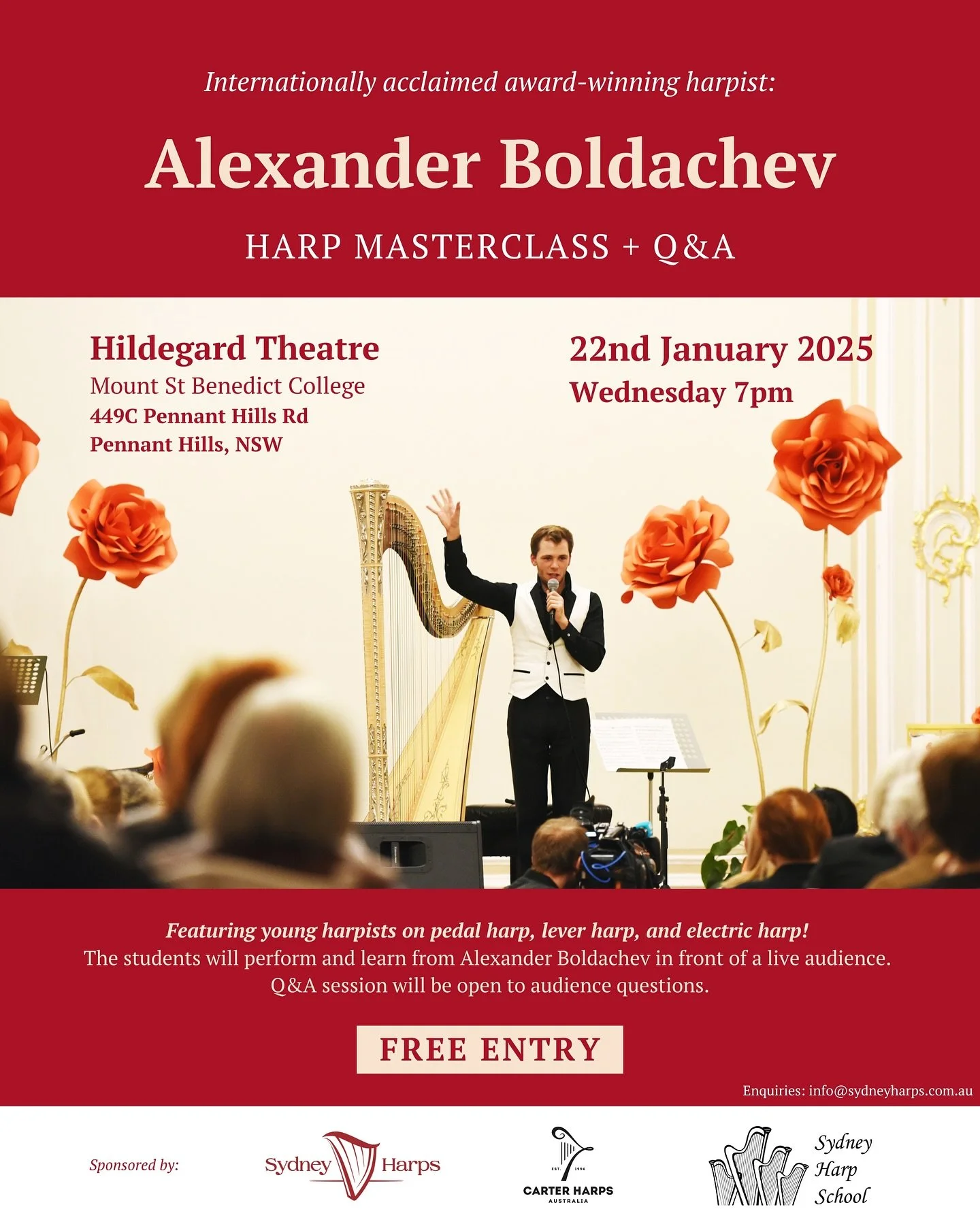 Calling harpists, students, parents and teachers in Sydney 🇦🇺 this is your chance to watch Alexander @boldachev teach in a public masterclass! 🎶🌟 There will also be an opportunity for you as the audience to ask questions. FREE ENTRY for audience 