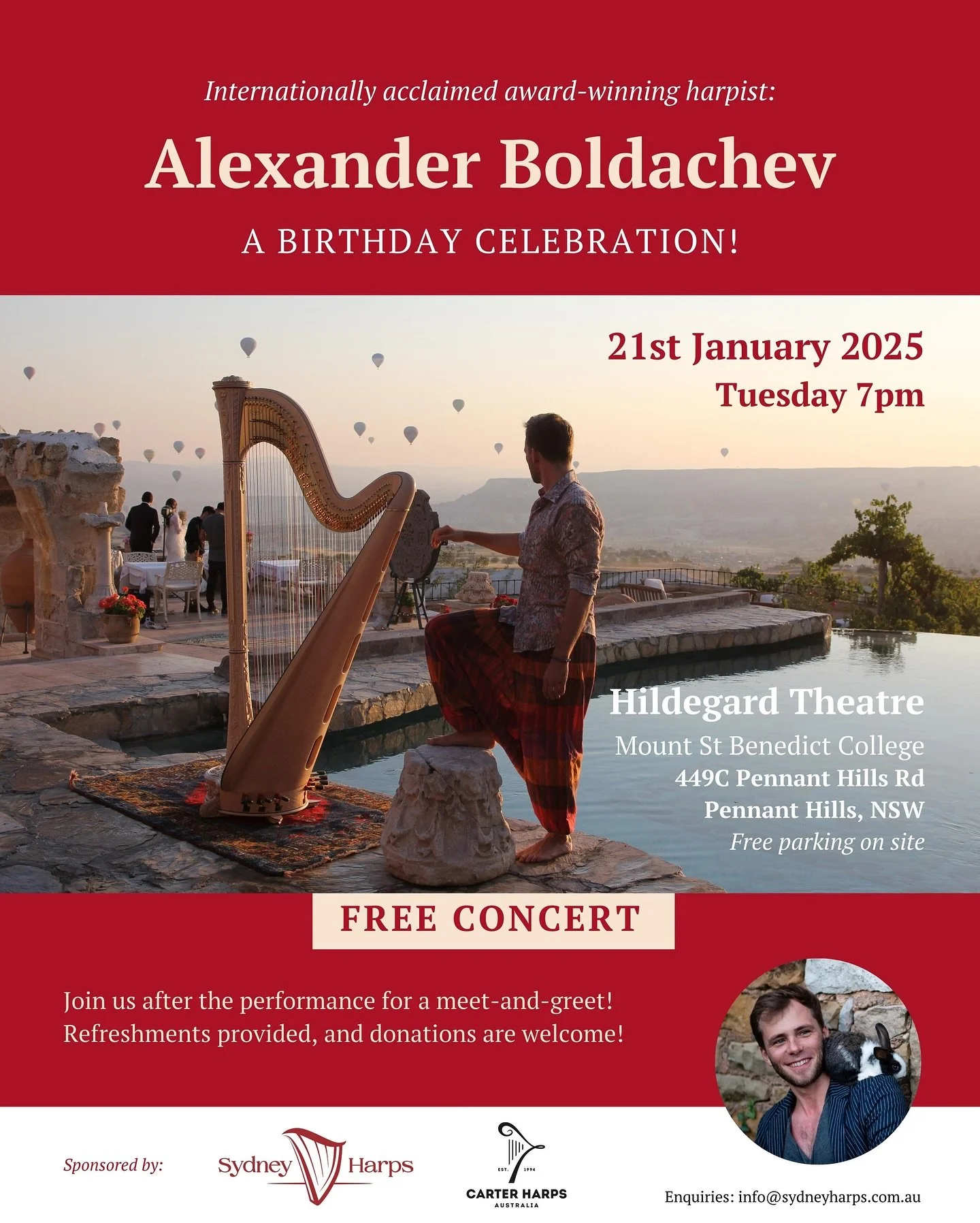 Sydney folk! 🌟📢 We are thrilled to announce that internationally acclaimed harpist Alexander @boldachev will be performing a solo recital in Sydney next Tuesday 21st at 7pm! 🎶✨ Please come and help us celebrate his birthday! 🥳🎉 FREE ENTRY!!

Eve