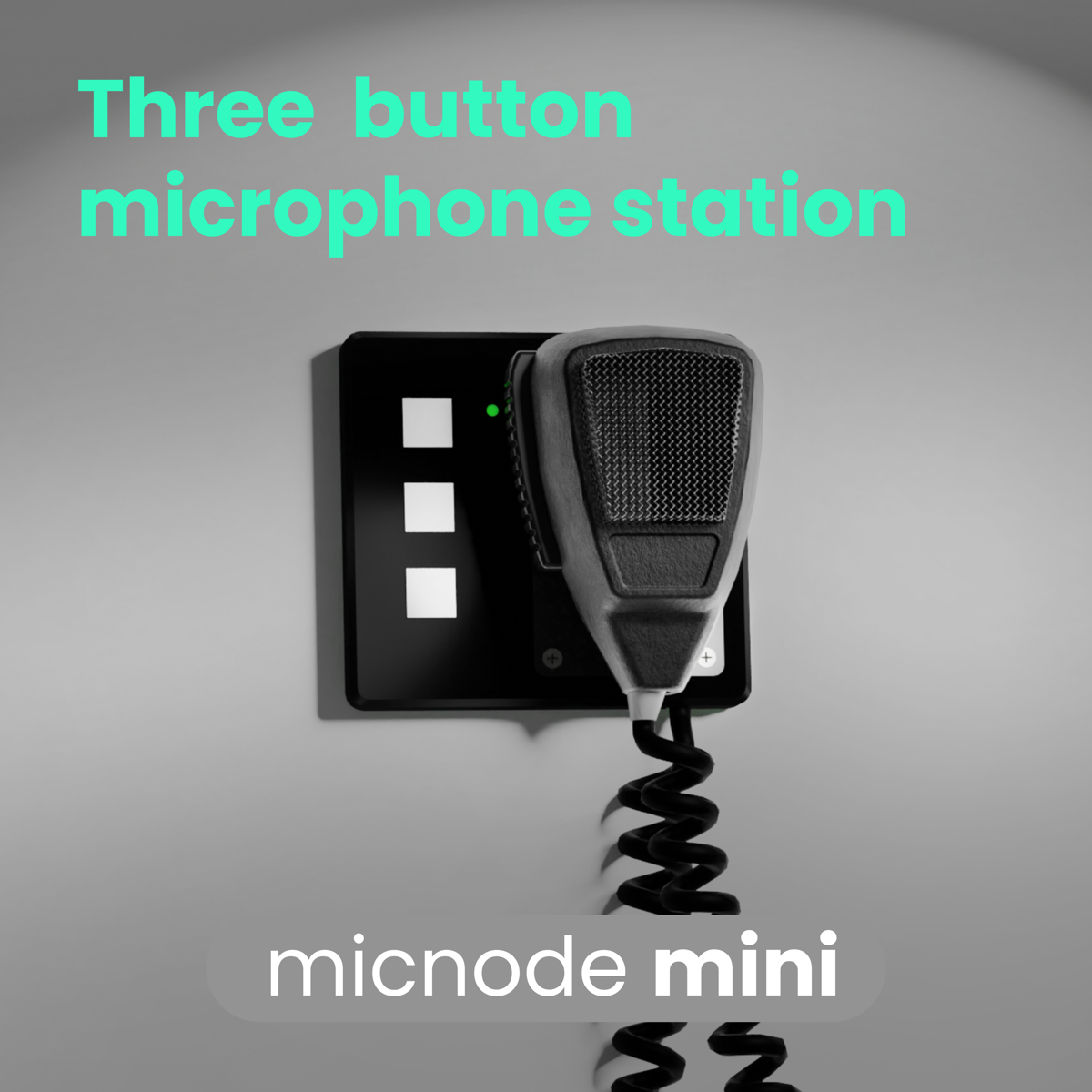 The compact micnode mini device is presented as a three button microphone station. 