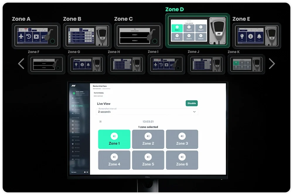 Live view shows you what is on a microphone station's display, inside the nnounce UI, from anywhere you can reach the system.